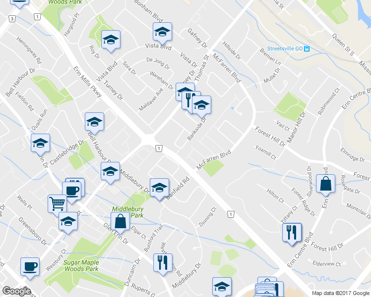 map of restaurants, bars, coffee shops, grocery stores, and more near 2409 Bankside Drive in Mississauga
