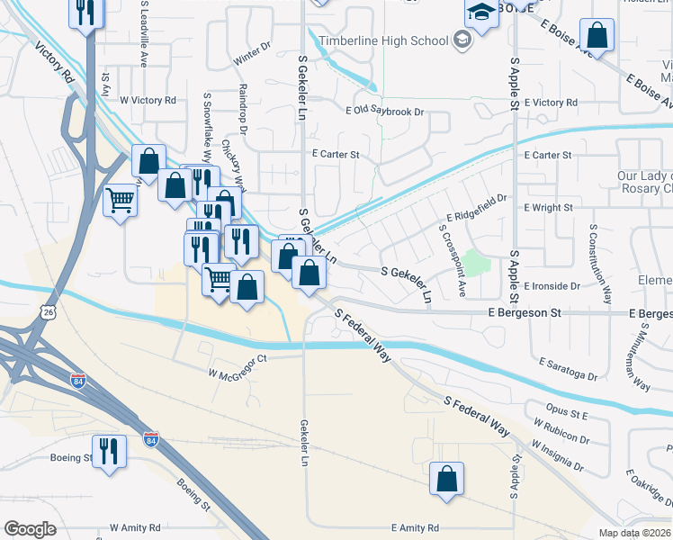 map of restaurants, bars, coffee shops, grocery stores, and more near 3695 South Gekeler Lane in Boise