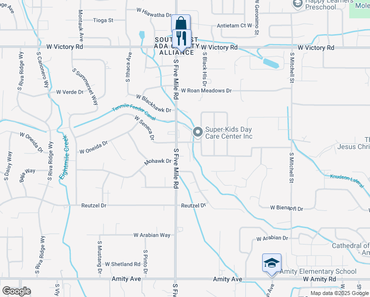 map of restaurants, bars, coffee shops, grocery stores, and more near 10581 West Seneca Drive in Boise