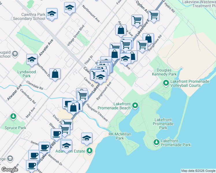 map of restaurants, bars, coffee shops, grocery stores, and more near 662 Byngmount Avenue in Mississauga