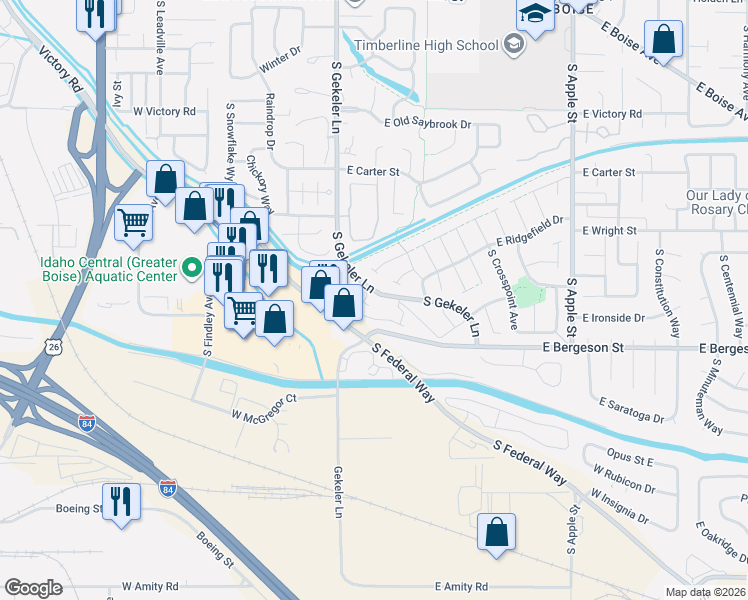 map of restaurants, bars, coffee shops, grocery stores, and more near 3695 South Gekeler Lane in Boise