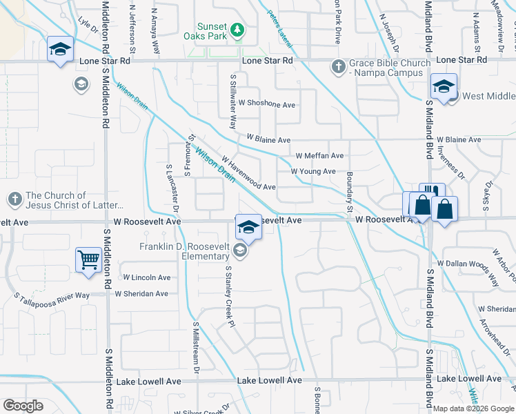 map of restaurants, bars, coffee shops, grocery stores, and more near 1910 West Roosevelt Avenue in Nampa