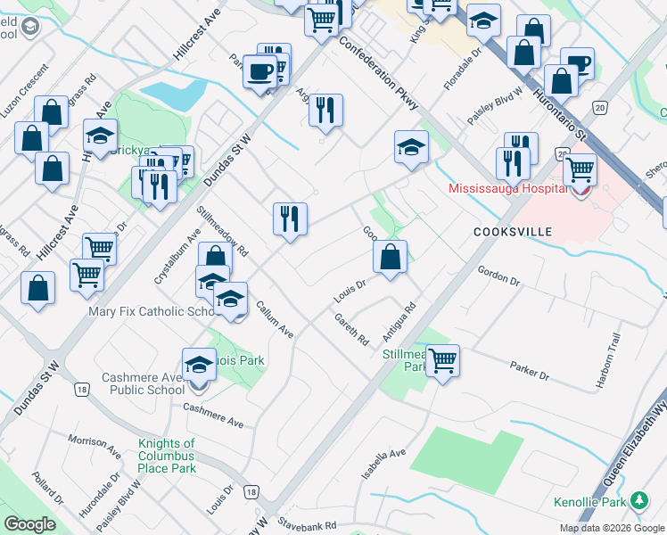 map of restaurants, bars, coffee shops, grocery stores, and more near 2376 Whaley Drive in Mississauga