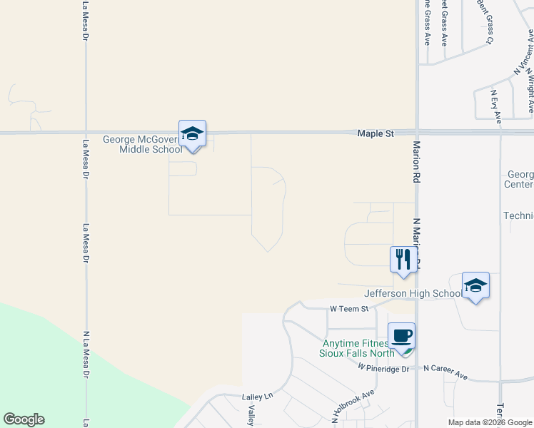 map of restaurants, bars, coffee shops, grocery stores, and more near 2301 North Valley View Road in Sioux Falls