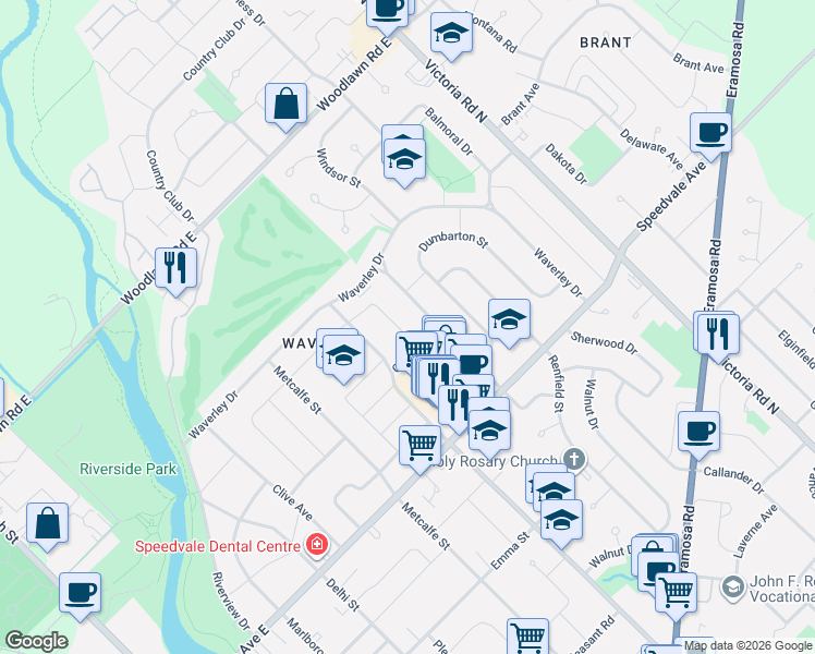 map of restaurants, bars, coffee shops, grocery stores, and more near 16 Cathcart Street in Guelph