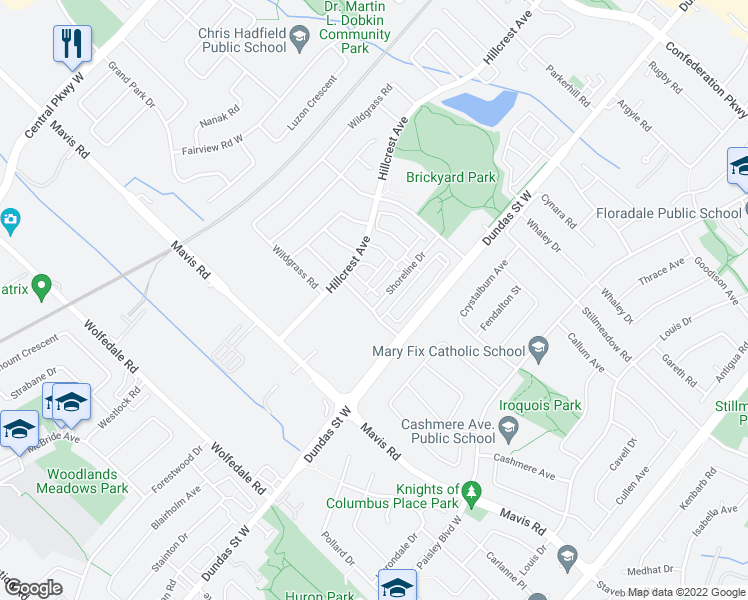 map of restaurants, bars, coffee shops, grocery stores, and more near 3055 Elmcreek Road in Mississauga