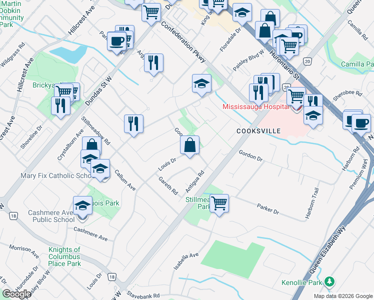 map of restaurants, bars, coffee shops, grocery stores, and more near 293 Louis Drive in Mississauga
