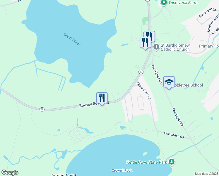 map of restaurants, bars, coffee shops, grocery stores, and more near 2 Beach Rose Lane in Cape Elizabeth