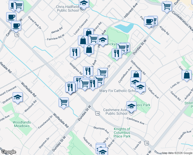 map of restaurants, bars, coffee shops, grocery stores, and more near 3055 Elmcreek Road in Mississauga