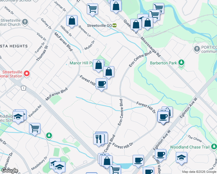map of restaurants, bars, coffee shops, grocery stores, and more near 2269 Robinwood Court in Mississauga