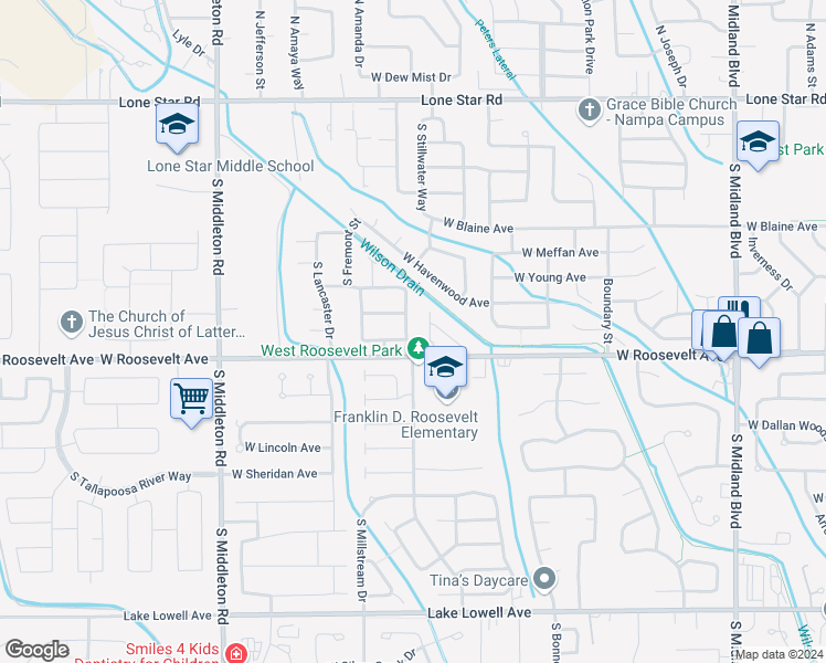 map of restaurants, bars, coffee shops, grocery stores, and more near 90 South Bancroft Way in Nampa