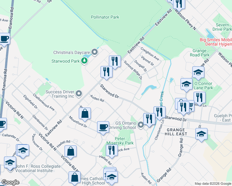 map of restaurants, bars, coffee shops, grocery stores, and more near 397 Starwood Drive in Guelph
