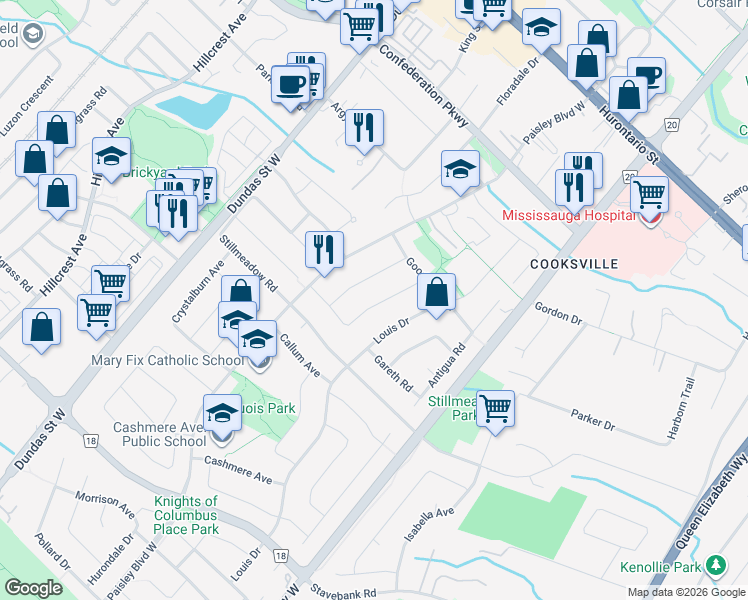 map of restaurants, bars, coffee shops, grocery stores, and more near 2393 Whaley Drive in Mississauga