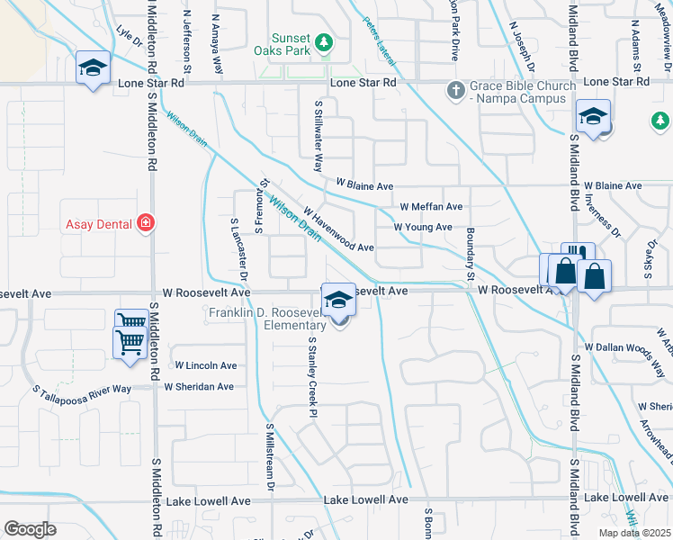 map of restaurants, bars, coffee shops, grocery stores, and more near 1910 West Roosevelt Avenue in Nampa