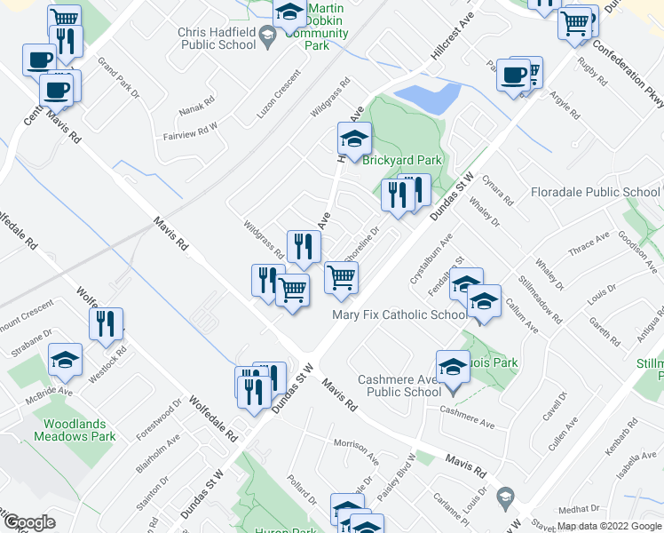 map of restaurants, bars, coffee shops, grocery stores, and more near 9 Elmcreek Road in Mississauga