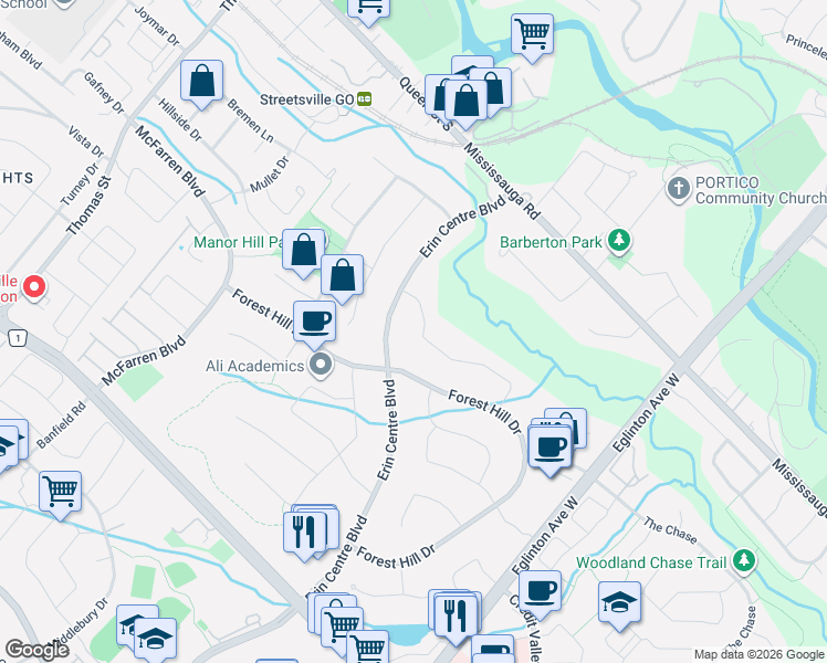 map of restaurants, bars, coffee shops, grocery stores, and more near 5240 Elmridge Drive in Mississauga