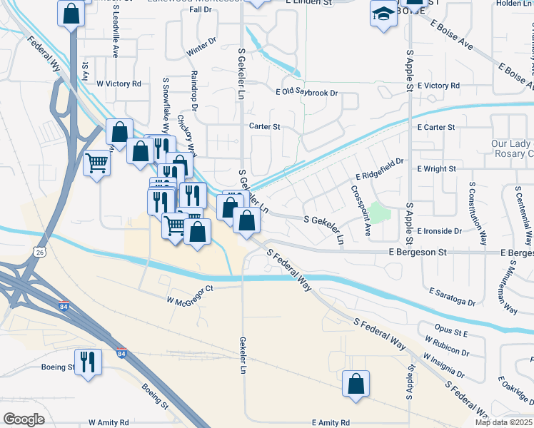 map of restaurants, bars, coffee shops, grocery stores, and more near 3687 South Gekeler Lane in Boise