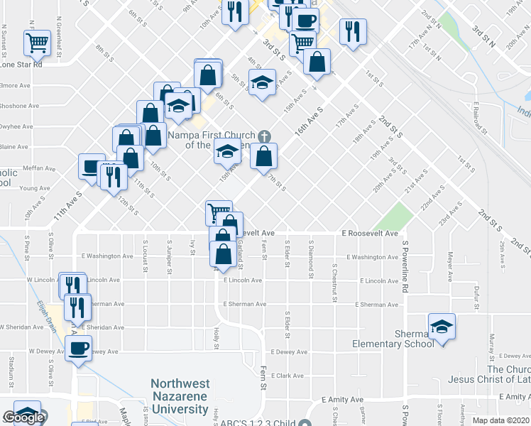 map of restaurants, bars, coffee shops, grocery stores, and more near 1712 9th Street South in Nampa