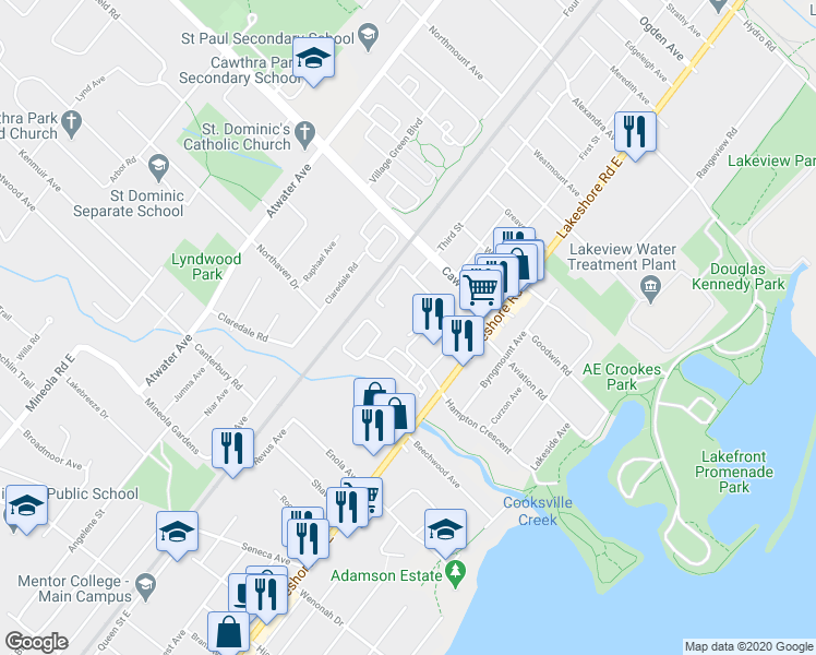 map of restaurants, bars, coffee shops, grocery stores, and more near 1149 Beachcomber Road in Mississauga