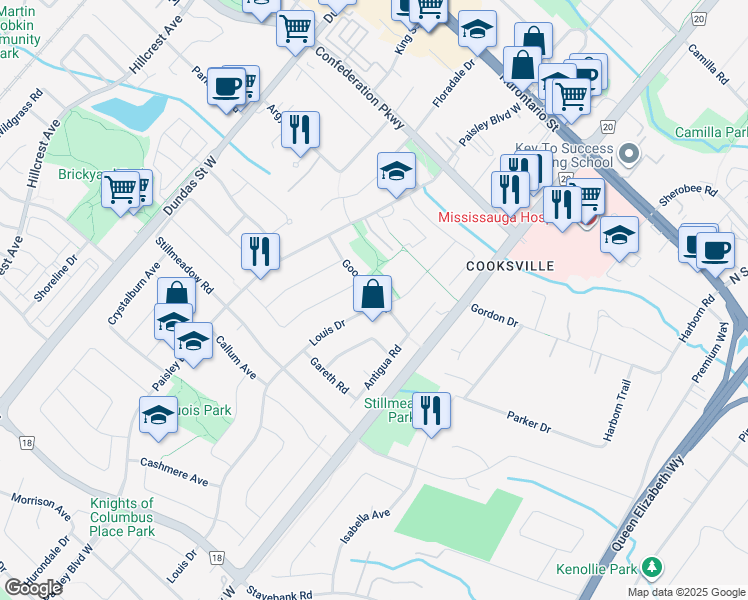 map of restaurants, bars, coffee shops, grocery stores, and more near 300 Louis Drive in Mississauga