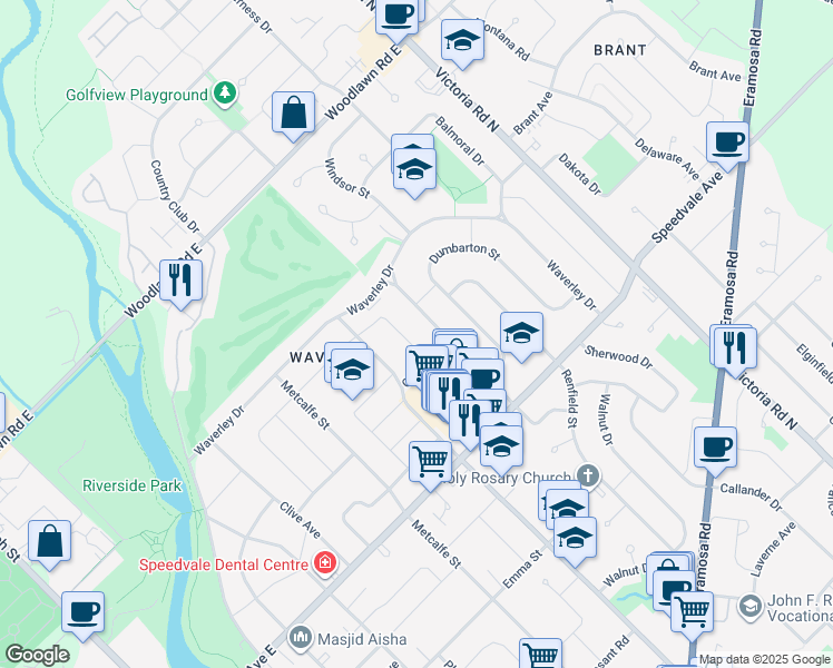map of restaurants, bars, coffee shops, grocery stores, and more near 16 Cathcart Street in Guelph