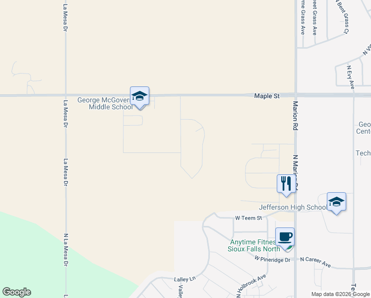 map of restaurants, bars, coffee shops, grocery stores, and more near 2301 North Valley View Road in Sioux Falls