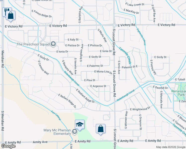 map of restaurants, bars, coffee shops, grocery stores, and more near 1267 East Mona Lisa Drive in Meridian