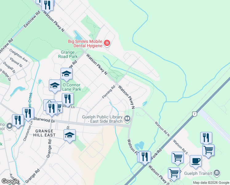 map of restaurants, bars, coffee shops, grocery stores, and more near 115 Fleming Road in Guelph