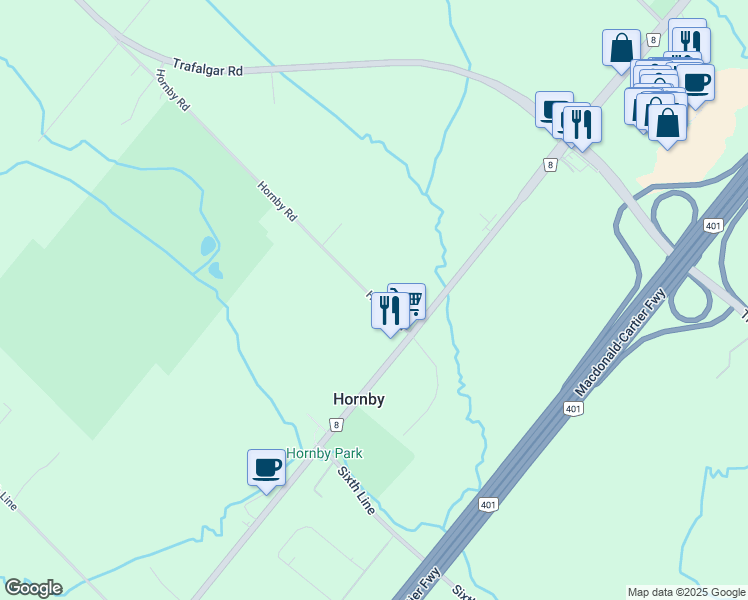 map of restaurants, bars, coffee shops, grocery stores, and more near 8080 Hornby Road in Halton Hills