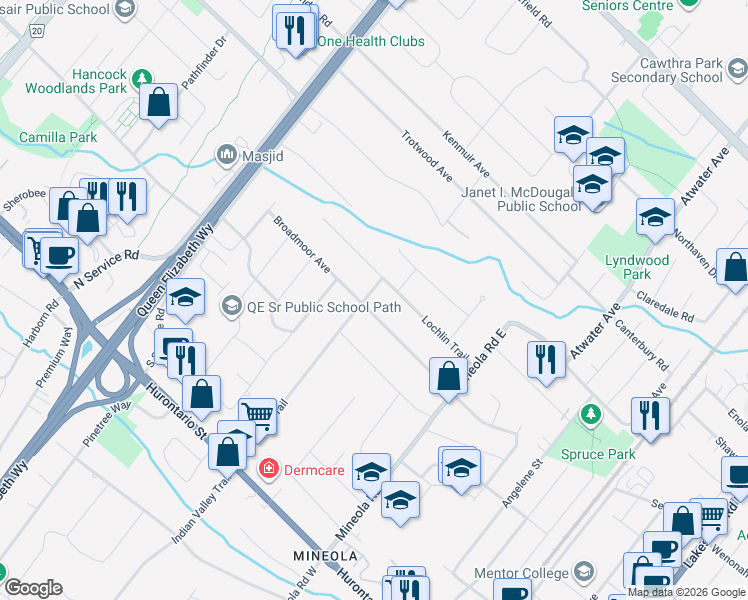 map of restaurants, bars, coffee shops, grocery stores, and more near 1448 Broadmoor Avenue in Mississauga