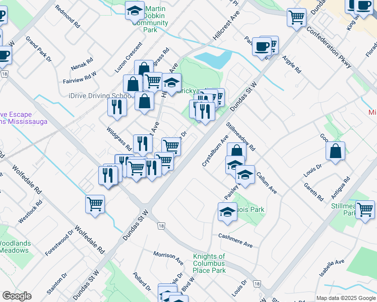 map of restaurants, bars, coffee shops, grocery stores, and more near 595 Dundas Street West in Mississauga