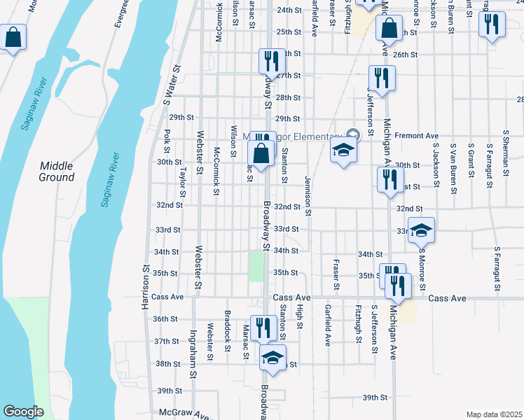 map of restaurants, bars, coffee shops, grocery stores, and more near 1900 Broadway Street in Bay City