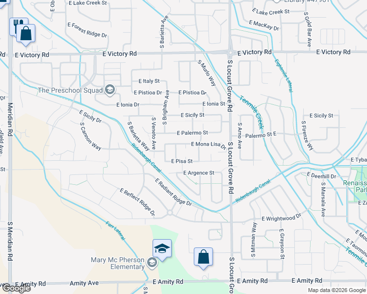 map of restaurants, bars, coffee shops, grocery stores, and more near 1237 East Mona Lisa Drive in Meridian