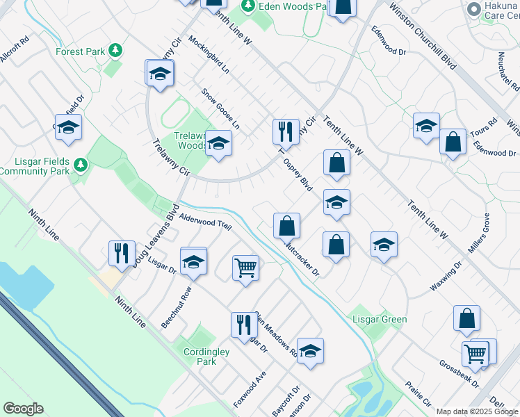 map of restaurants, bars, coffee shops, grocery stores, and more near 3445 Pintail Circle in Mississauga