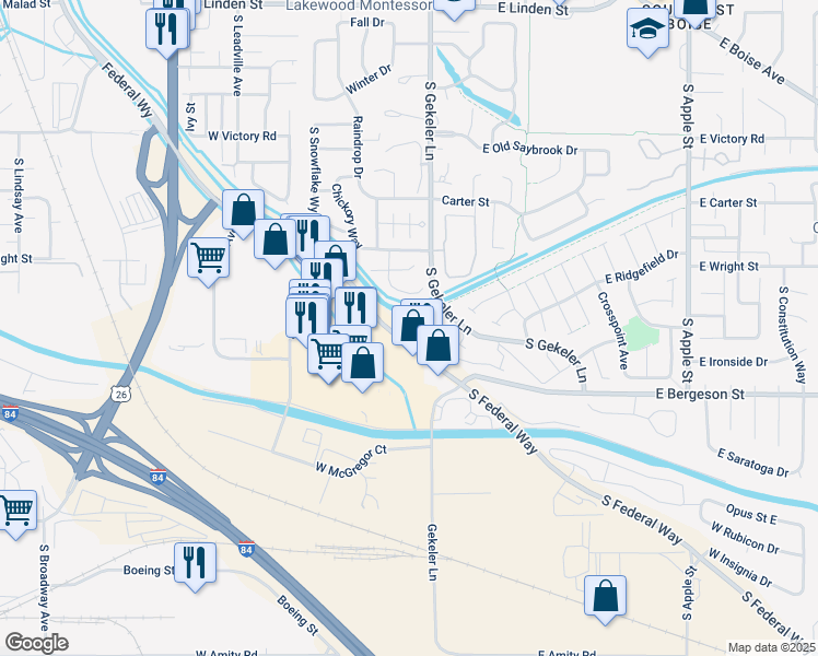 map of restaurants, bars, coffee shops, grocery stores, and more near 3611 South Gekeler Lane in Boise