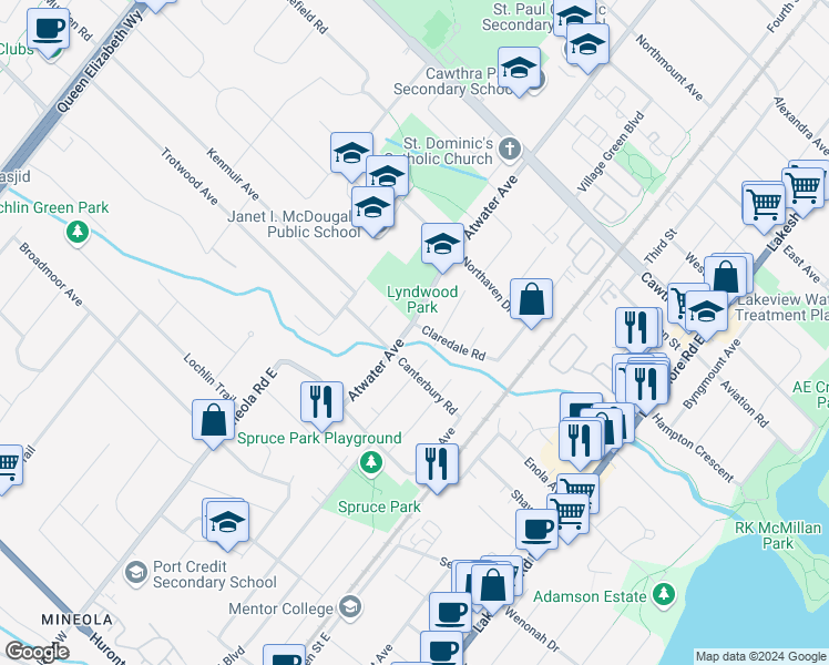 map of restaurants, bars, coffee shops, grocery stores, and more near 1238 Claredale Road in Mississauga