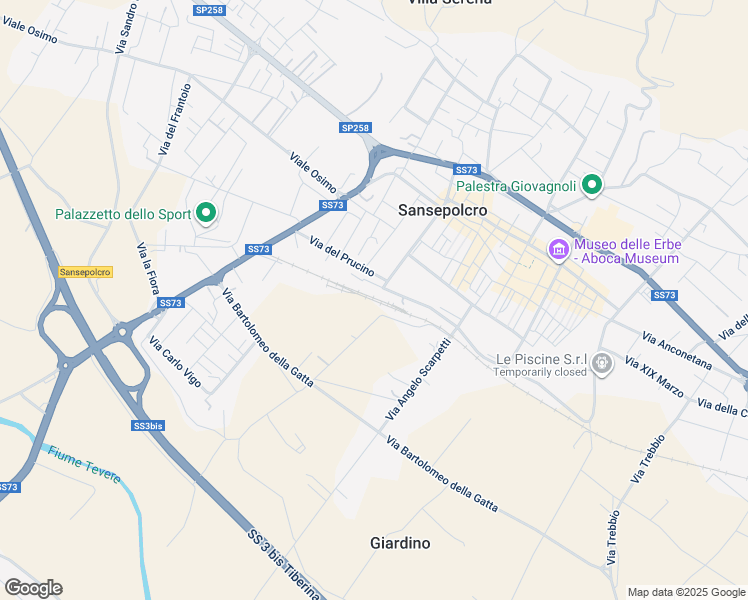 map of restaurants, bars, coffee shops, grocery stores, and more near 2E Via del Prucino in Sansepolcro