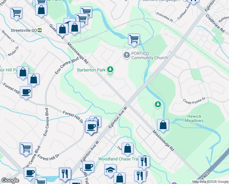 map of restaurants, bars, coffee shops, grocery stores, and more near 5090 Mississauga Road in Mississauga