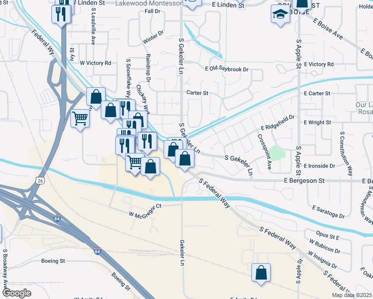 map of restaurants, bars, coffee shops, grocery stores, and more near 3556 South Gekeler Lane in Boise