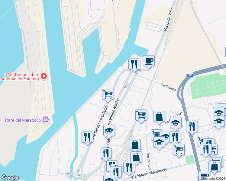 map of restaurants, bars, coffee shops, grocery stores, and more near 44 Via Orlando Salvatore in Livorno