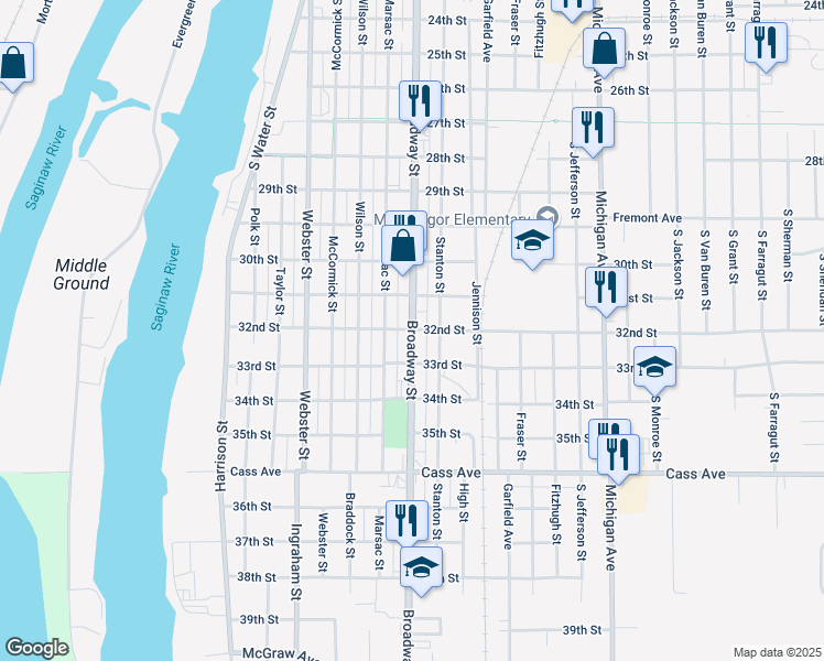 map of restaurants, bars, coffee shops, grocery stores, and more near 1900 Broadway Street in Bay City