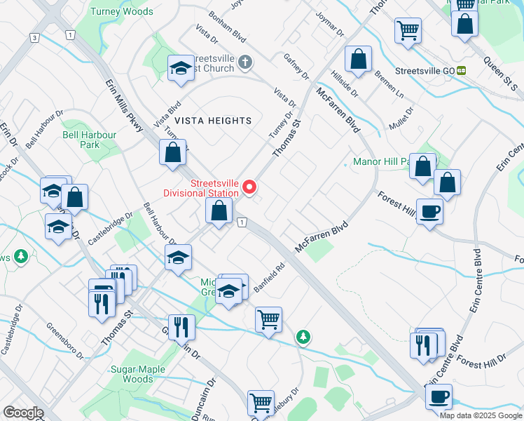 map of restaurants, bars, coffee shops, grocery stores, and more near 2457 Bankside Drive in Mississauga