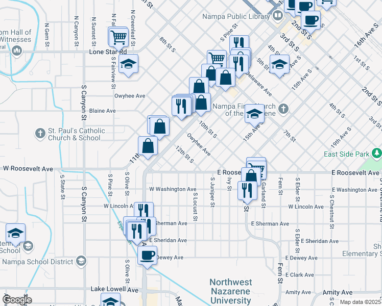 map of restaurants, bars, coffee shops, grocery stores, and more near 1120 13th Avenue South in Nampa