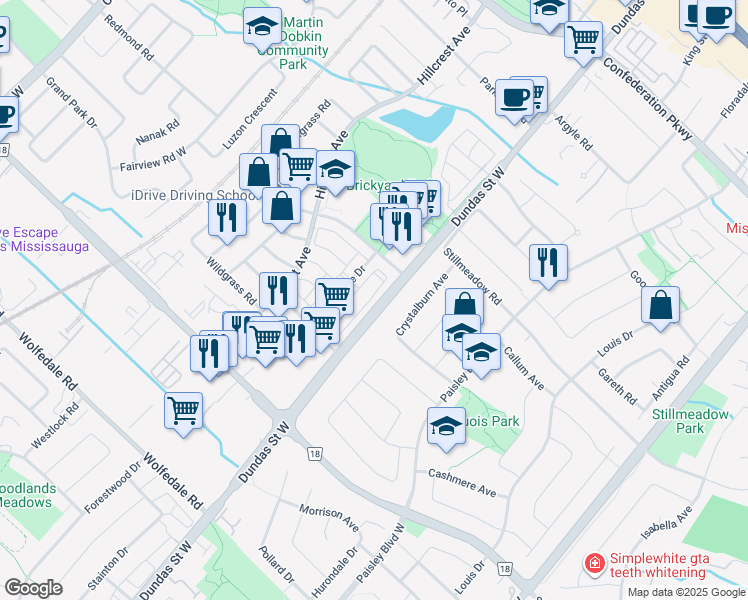 map of restaurants, bars, coffee shops, grocery stores, and more near 587 Dundas Street West in Mississauga
