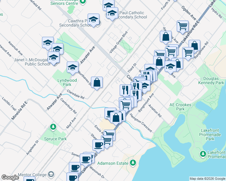 map of restaurants, bars, coffee shops, grocery stores, and more near 1110 Caven Street in Mississauga