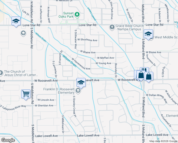 map of restaurants, bars, coffee shops, grocery stores, and more near 79 South Babbling Brook Way in Nampa