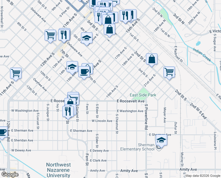 map of restaurants, bars, coffee shops, grocery stores, and more near 1816 6th Street South in Nampa