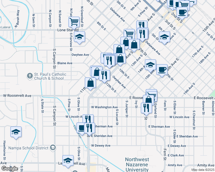 map of restaurants, bars, coffee shops, grocery stores, and more near 1112 12th Avenue Road in Nampa