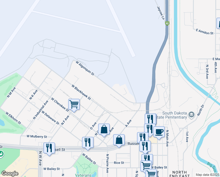 map of restaurants, bars, coffee shops, grocery stores, and more near 900-936 West Algonquin Street in Sioux Falls