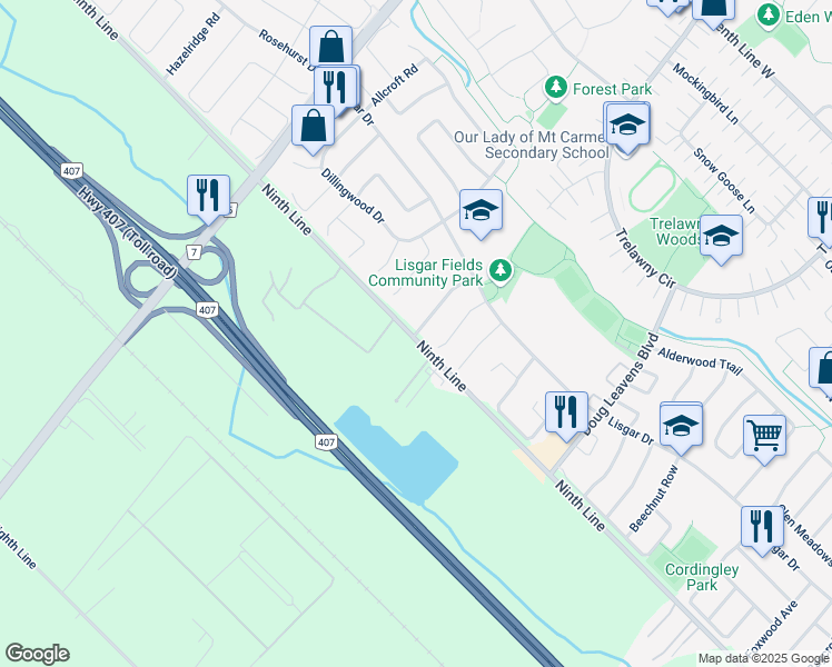 map of restaurants, bars, coffee shops, grocery stores, and more near 3987 Beacham Street in Mississauga